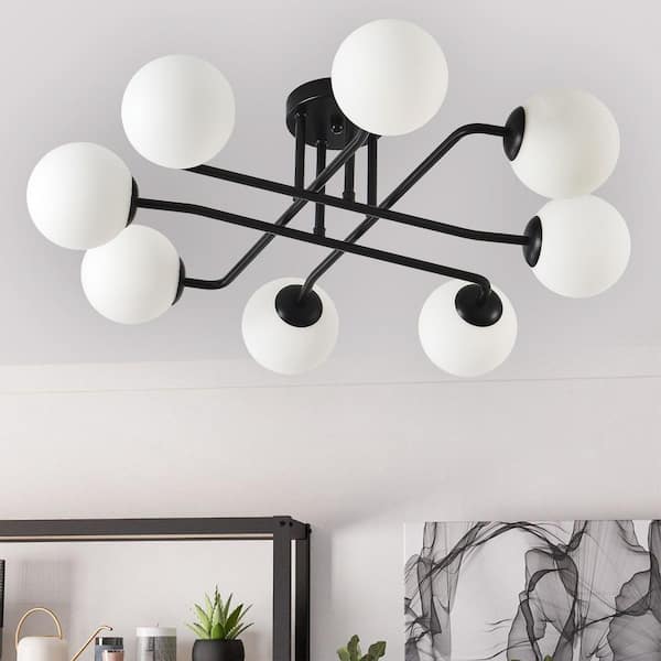 Modern 27.2 in. 8-LIght Black Sputnik Semi-Flush Mount Ceiling Light Fixture with Globe Frosted Glass Shade