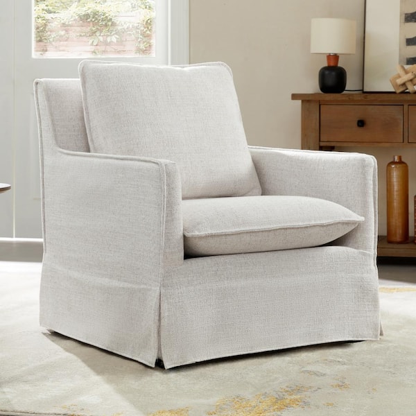 Spruce & Spring Thaddeus Ivory Fabric Mid-Century Modern Accent Chair with Removable Cushions Arm Chair for Living Room or Bedroom