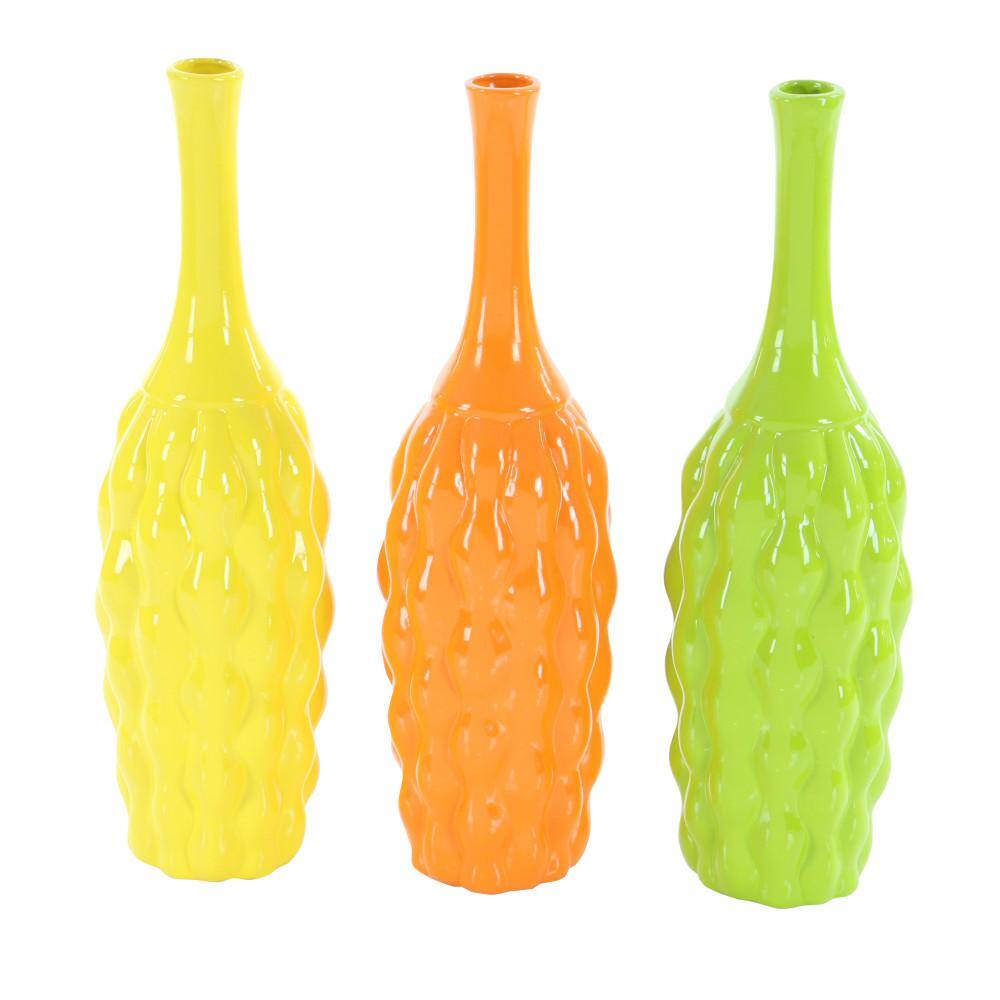 Coastal Charm 18" Trumpet Ceramic Vase Trio in Yellow, Orange, and Green