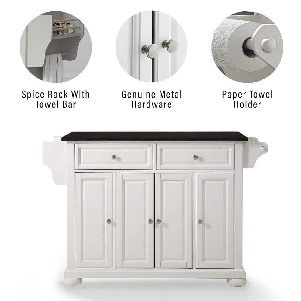 White Kitchen Island with Black Granite Top and Storage