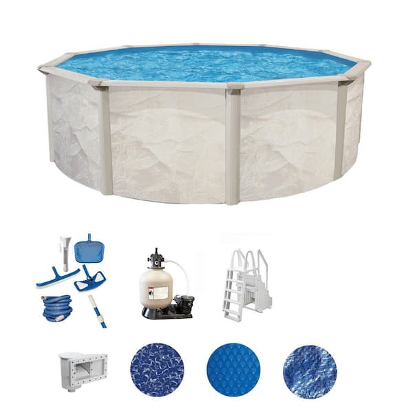 Blue Wave San Pedro 18-ft Round 52-in Deep Above Ground Swimming Pool – Steel Top Rails, Sand Filter, Skimmer, Liner, A-Frame Ladder & Maintenance Kit – Complete Outdoor Pool Accessories
