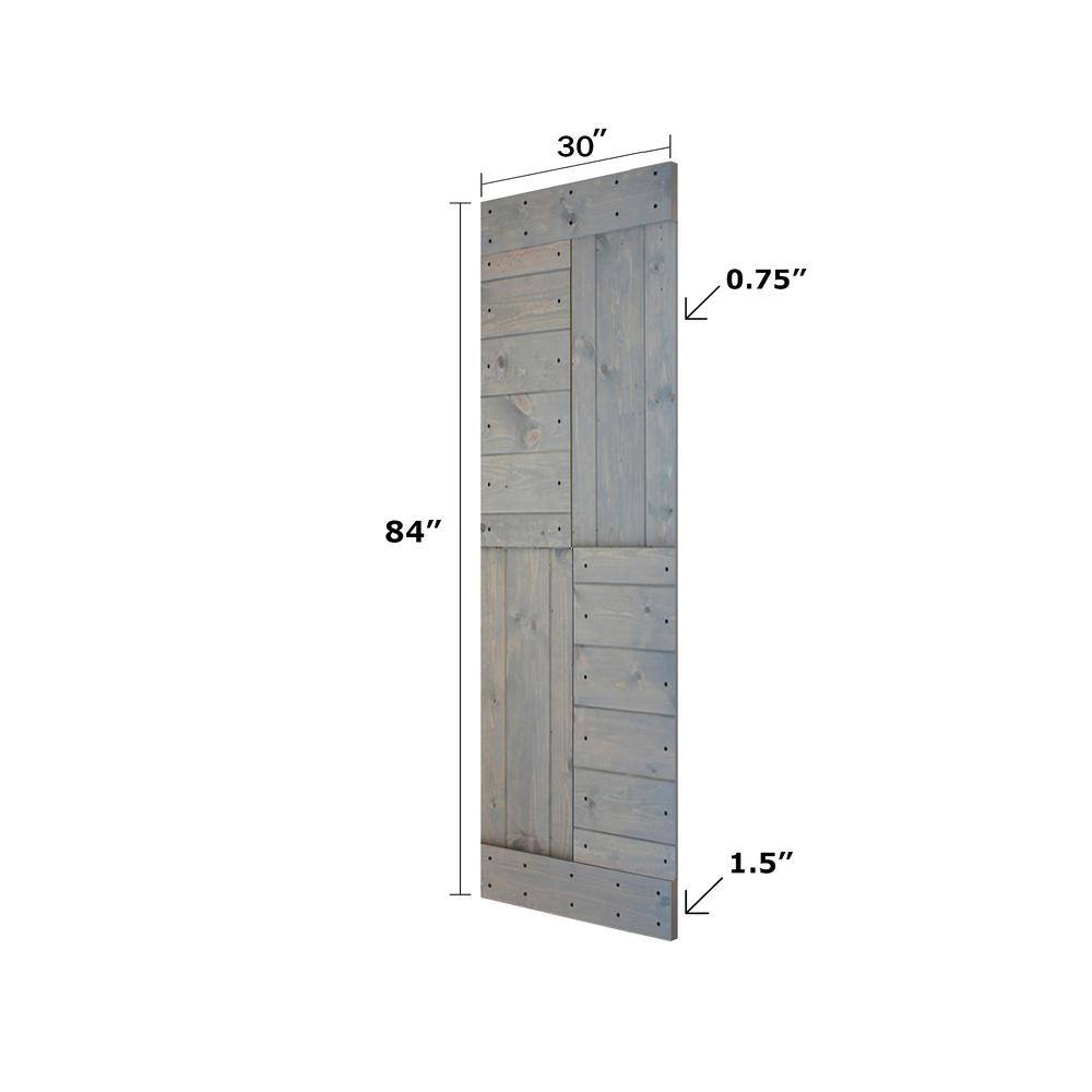 French Gray Paneled Pine Sliding Barn Door with Track Kit