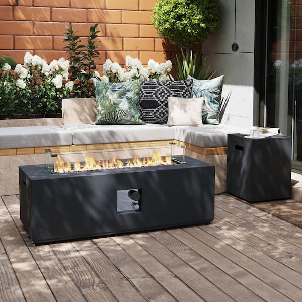 PATIOGUARDER 42 in. Rectangular Iron Outdoor Fire Pit Table with Tank Cover, Lid, Wind Guard and Rain Cover in Dark Grey