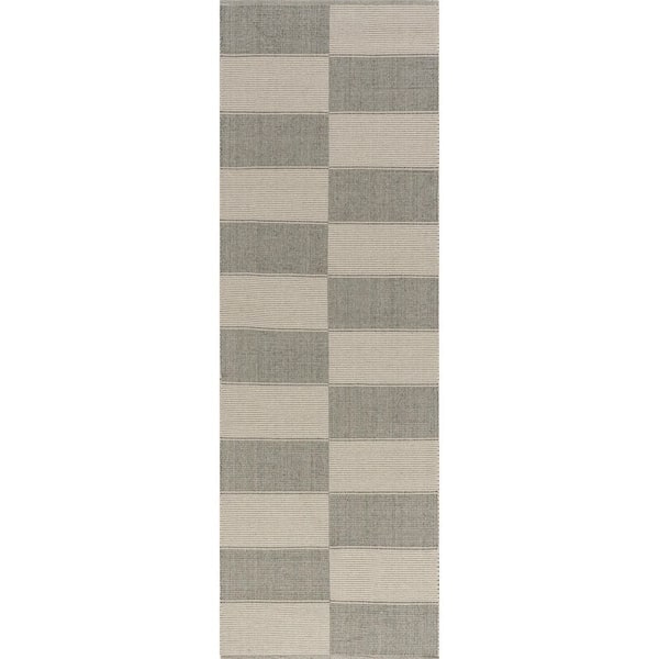 Boxelder Checked Gray 2 ft. 6 in. x 8 ft. Farmhouse Striped Cotton Runner Rug
