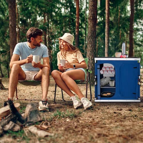 Double Folding Camping Kitchen Table with Storage Organizer, Blue