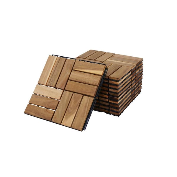 Unbranded 10-Pack 12 in. x 12 in. Square Outdoor Yellow Acacia Wood Interlocking Deck Tiles for Patio, Bancony, Pool Side