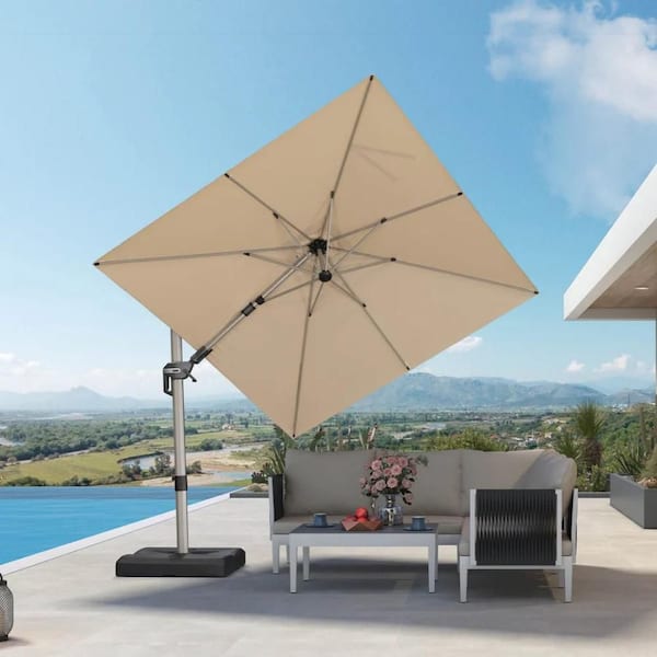 8 ft. Square Cantilever Patio Umbrella Light Champagne Aluminum Swivel Offset 360° Rotation Umbrella in Beige