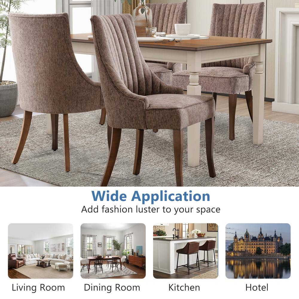 Brown Linen High Back Upholstered Dining Chairs with Wood Legs