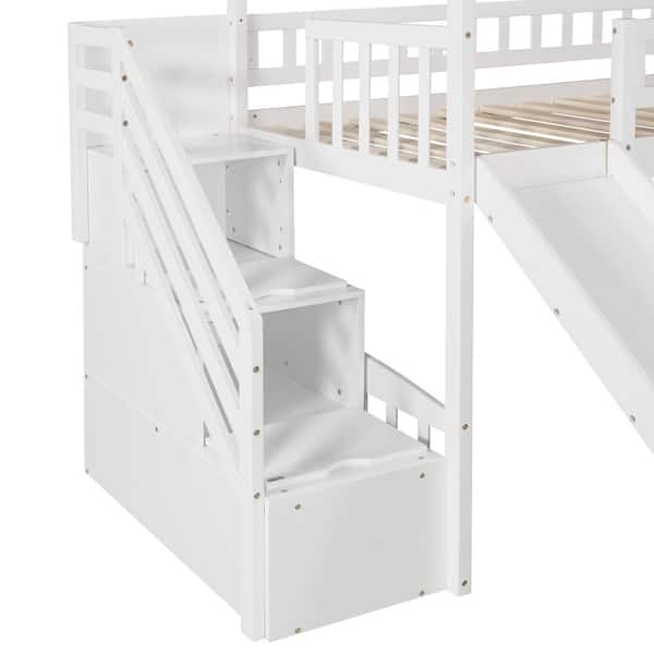 URTR White Twin Loft Bed Frame with Slide and Storage Drawers
