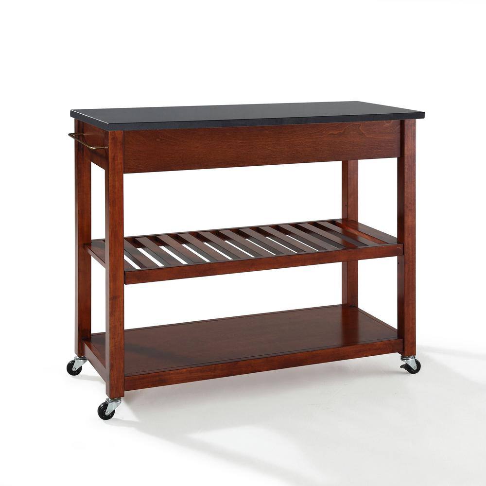 Cherry Wood Kitchen Cart with Black Granite Top and Wine Rack