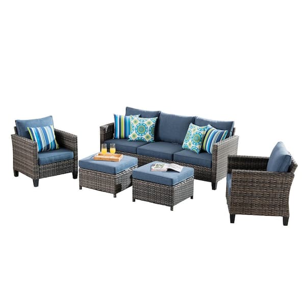 New Vultros Gray 5-Piece Wicker Outdoor Patio Conversation Seating Set with Blue Cushions