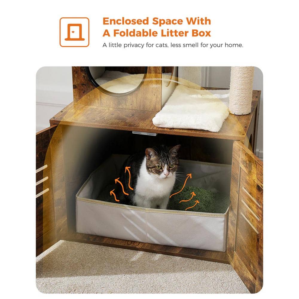 Brown Wood Cat Condo with Litter Box and Play Area