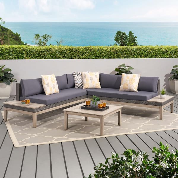Noble House Loft Light Grey 4-Piece Faux Rattan Patio Conversation Sectional Seating Set with Dark Grey Cushions