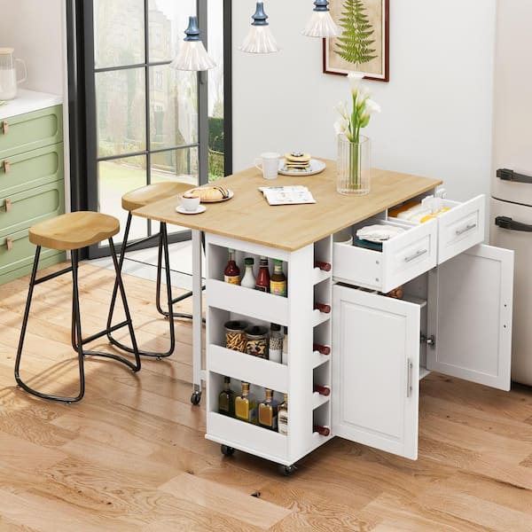 Unbranded MDF Kitchen Cart with 2-Door Cabinet, Spice Rack, Drop Leaf, Towel Rack and Minimalist Bar Stools