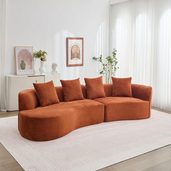 126 in. 2-Piece Fabric Curved Sectional Sofa in Dark Orange with 4-Pillows, High-Density D28 Full Foam