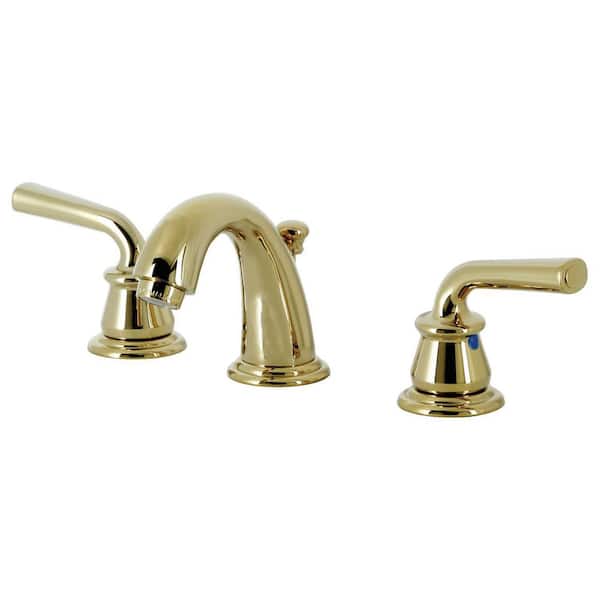 Kingston Brass Restoration 8 in. Widespread 2-Handle Bathroom Faucets with Plastic Pop-Up in Polished Brass