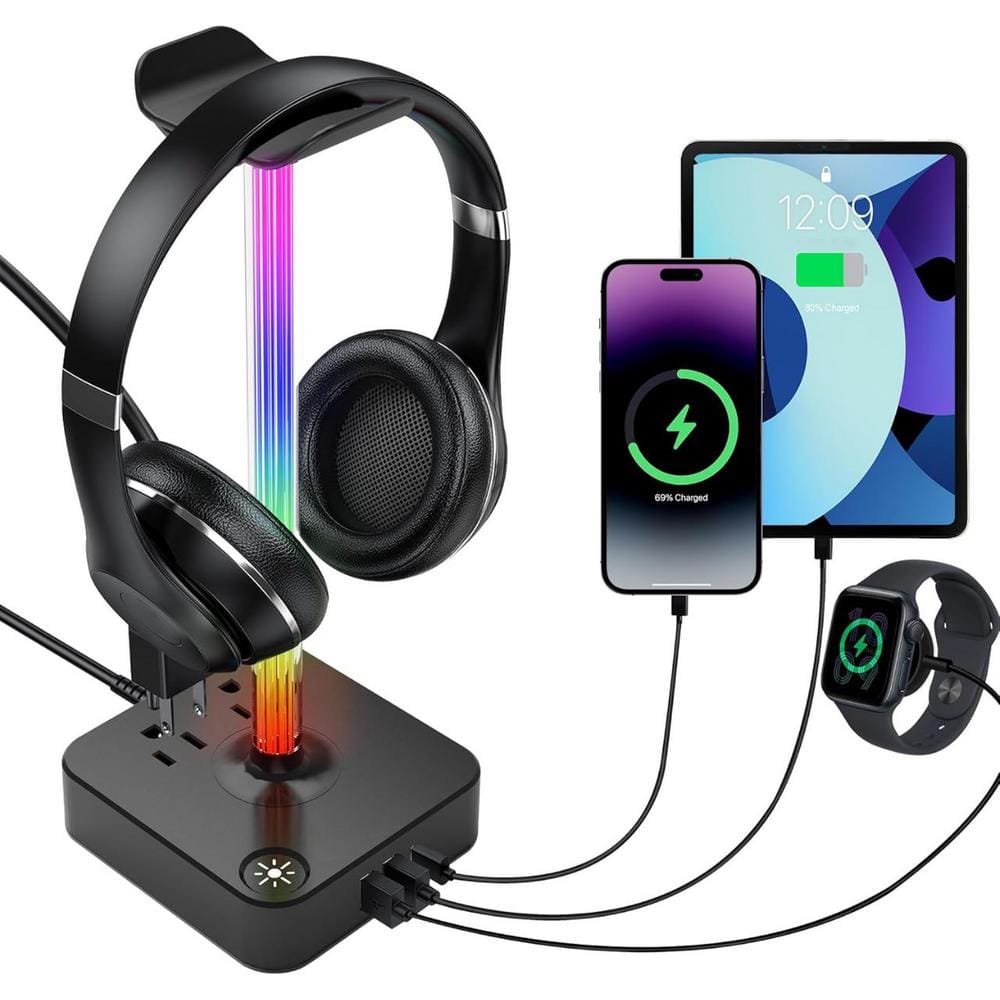 2-Outlet Gaming Headset Holder Hanger with 3 USB Port and Multi-Lights LED in Black price history on PriceWatchPro