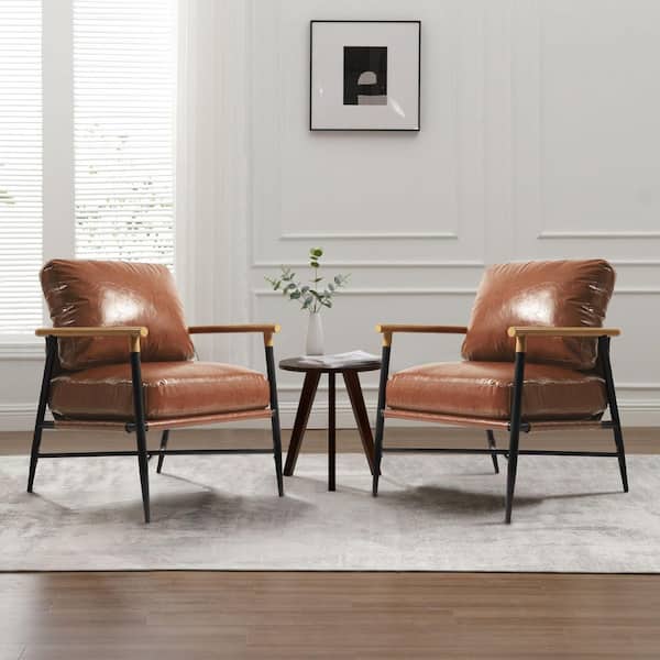 Uixe Modern Brown Faux Leather Upholstered Arm Chair with Metal Base(Set of 2)