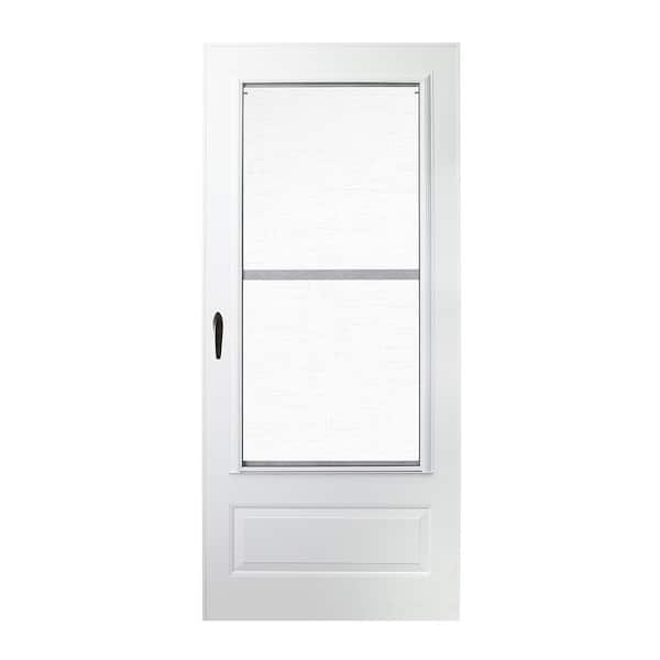 300 Series 36 in. x 80 in. White Universal 3/4 Light Mid-View Aluminum Storm Door with Black Handleset