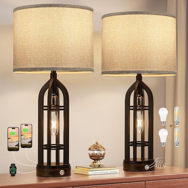 24.7 in. Black Contemporary Rechargeable LED Farmhouse Table with  Fabric Shade and USB Port