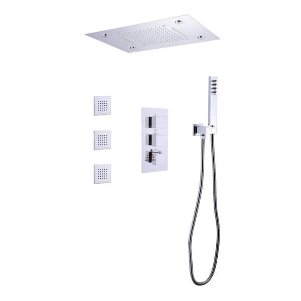 WELLFOR 4-Spray Dual Ceiling Mount Rectangle LED Rain Shower Head Fixed and Handheld Shower Head 1.8 GPM in Chrome with 3-Jets