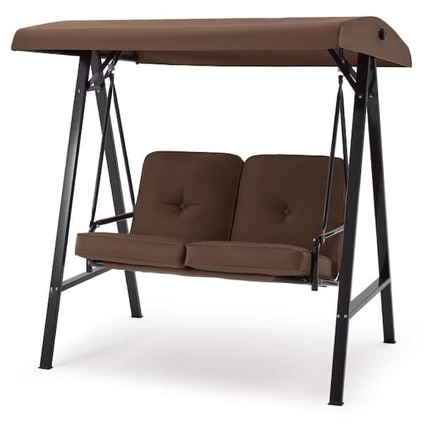 2-Person Metal Patio Swing with Canopy and Cushions in Brown