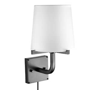 Valerie 1-Light Dark Bronze Plug-In or Hardwire Wall Sconce with White Fabric Shade