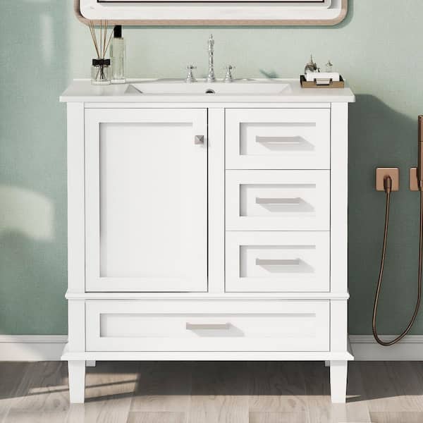 30 in. W Single Sink Freestanding Bath Vanity in White with White Ceramic Top and 3 Drawers, Soft Closing Door
