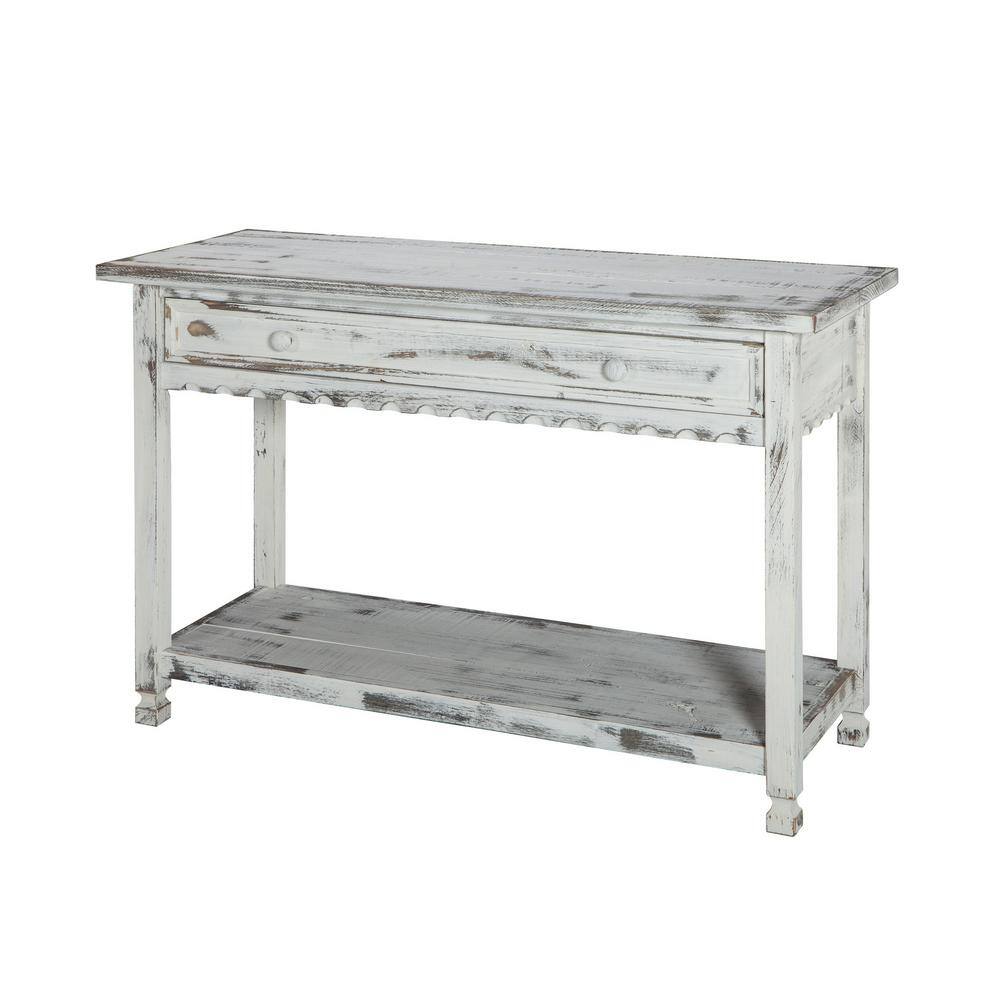 Antique White Cottage-Inspired Media Console with Storage Shelf
