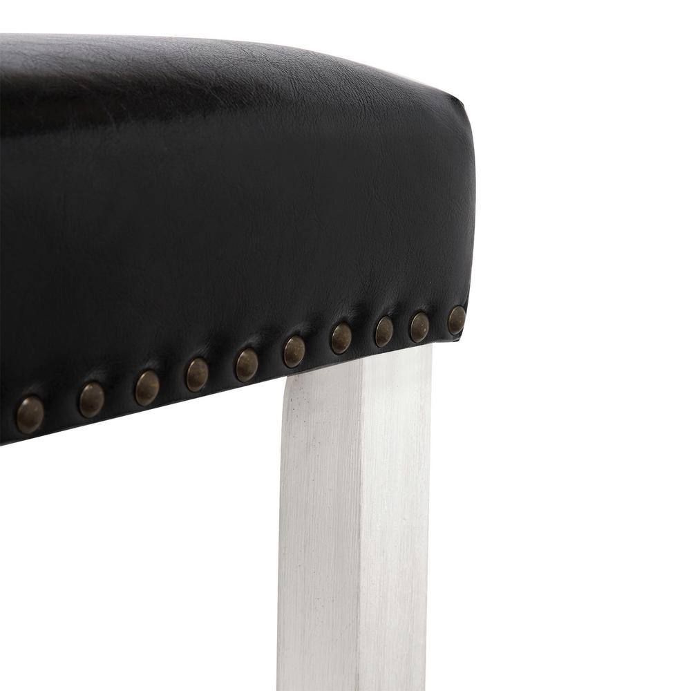 Antique White and Black Leather Saddle Seat Bar Stool, 29"