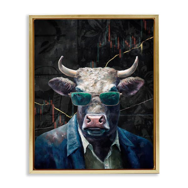 Bull in Sunglasses by Svetlana Aleynikova Gold Floater Frame Animal Graphic Art Print 21 in. x 17 in.