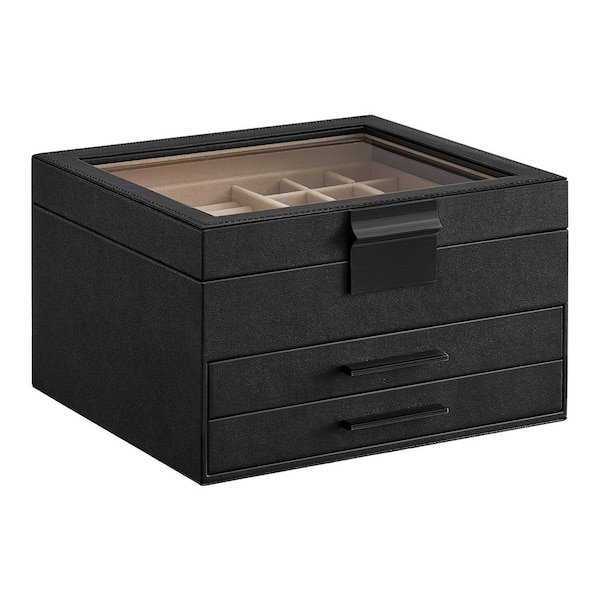 Unbranded Jewelry Box Organizer with Glass Lid, 3-Layer Storage, 2 Drawers, Graphite Black and Silver, 8 in. x 9.1 in. x 5.3 in.