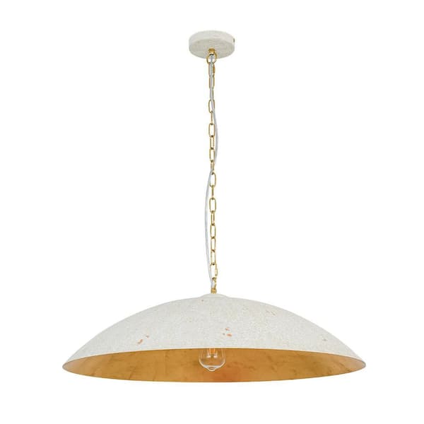 PCover 1-Light 27.6 in.W Distressed White Pendant Light Kitchen Barn Dome Cone Hanging Light with Gold Foil Accent