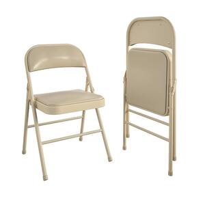 Vinyl Padded Seat and Back Folding Chair, Double Braced, Antique Linen (2-Pack)
