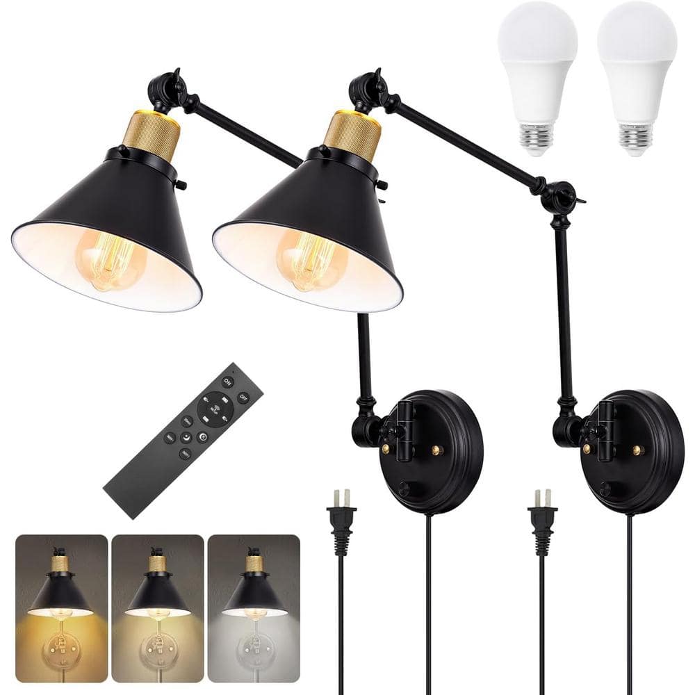 7.1 in. W 2-Light Black Wall Sconce with Remote Control, Dimmable and Adjus