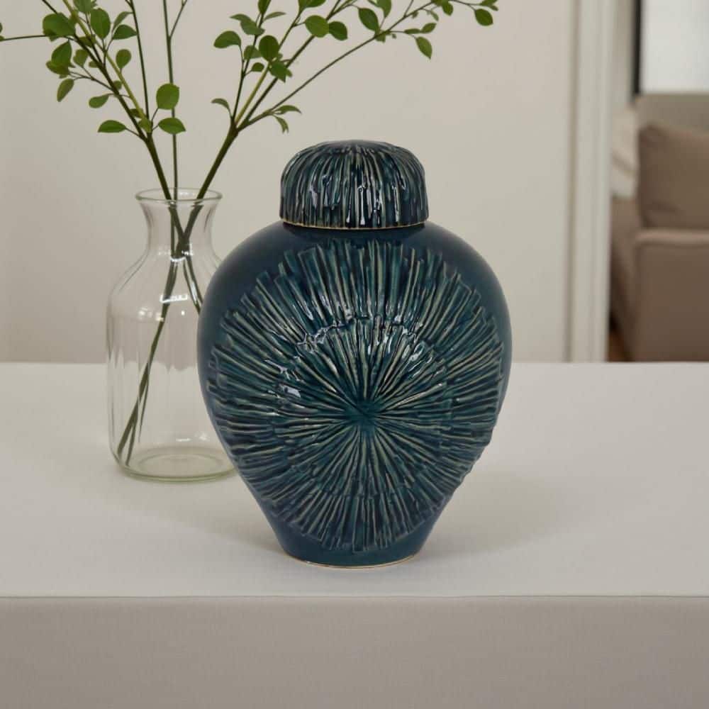 花瓶　モスブルー Benjara Modern 12.5 in. Blue Ceramic Round Decorative Flower Vase
