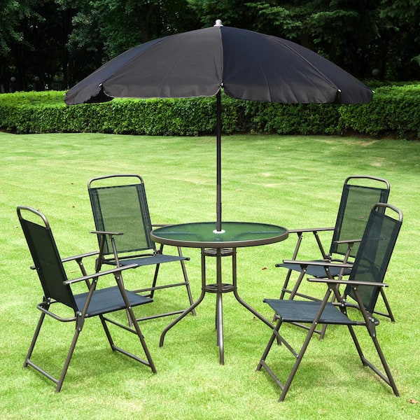 Black 6-Piece Metal Outdoor Dining Set with Umbrella, 4 Folding Dining Chairs and Round Glass Table for Garden, Backyard