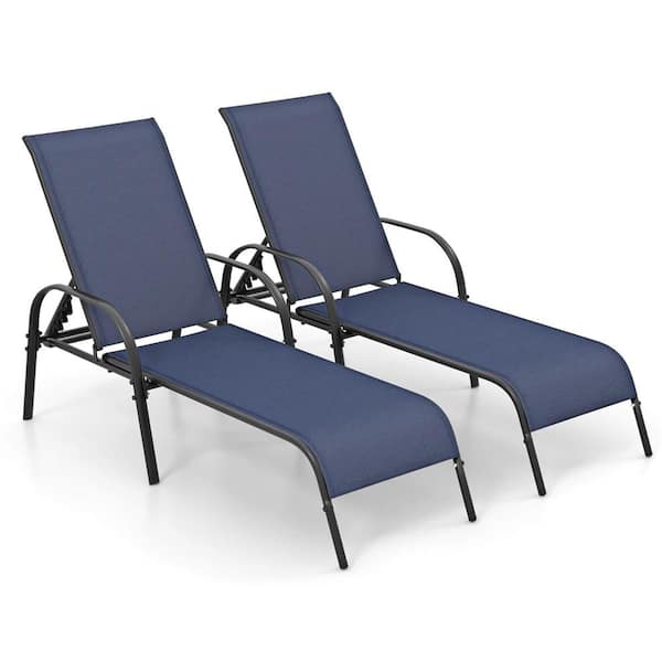 Costway Navy 2-Pieces Patio Metal Lounge Chair Chaise Adjustable Reclining Armrest