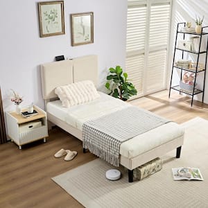 Bed Frame with Type-C and USB Ports, Upholstered Platform Height-Adjustable Cotton and Linen Headboard, Beige Twin Bed