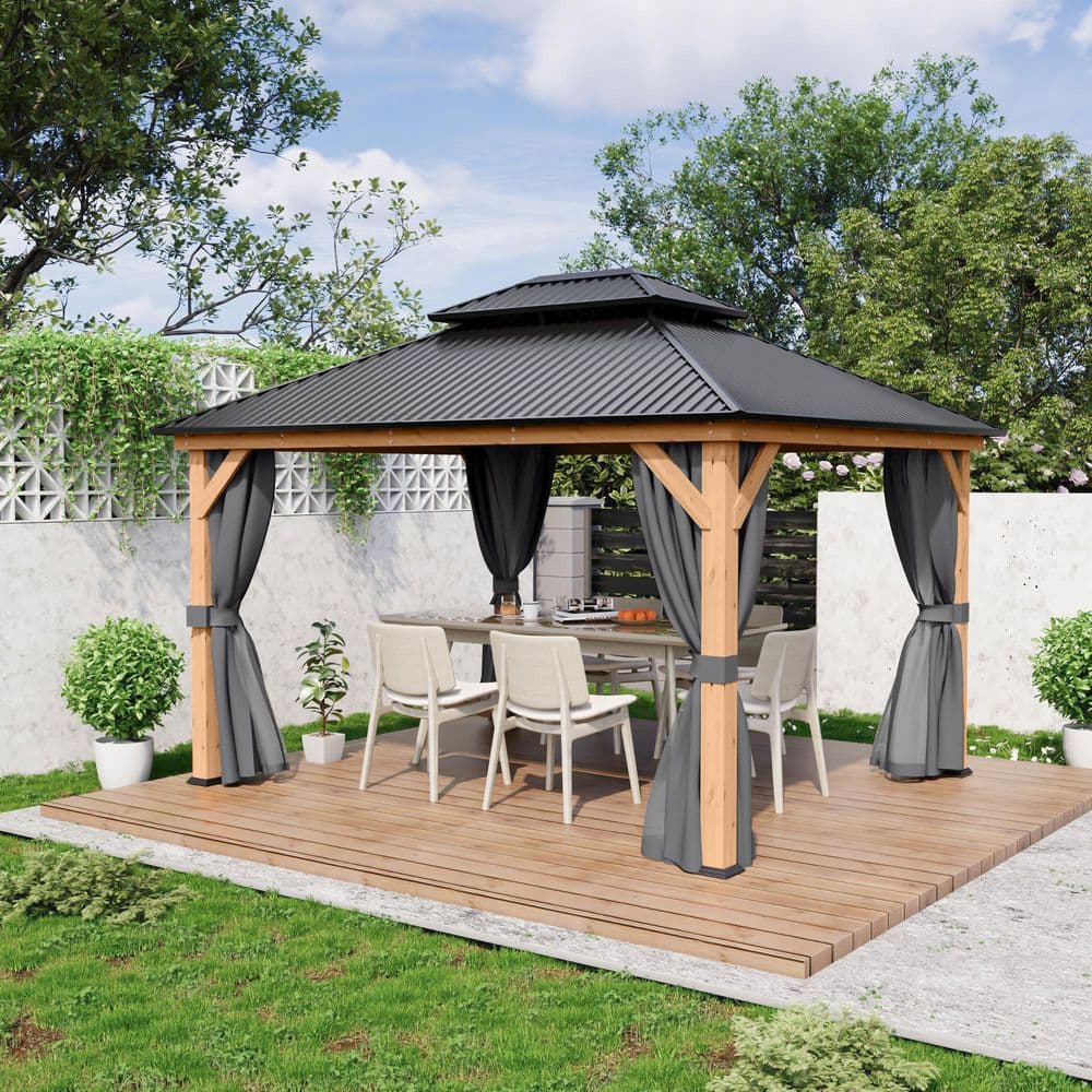 11' x 13' Wooden Patio Gazebo with Black Metal Roof and Gray Curtains