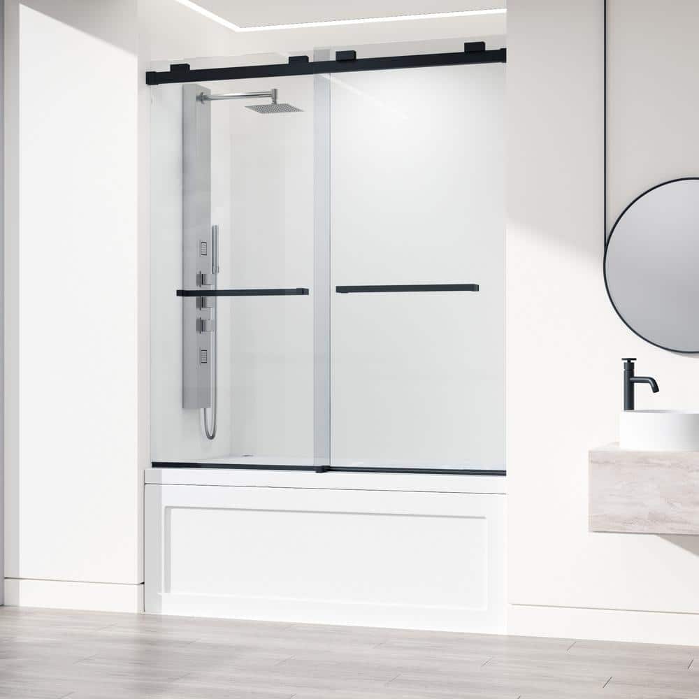 Houston 66" Frameless Matte Black Sliding Tub Door with Clear Glass