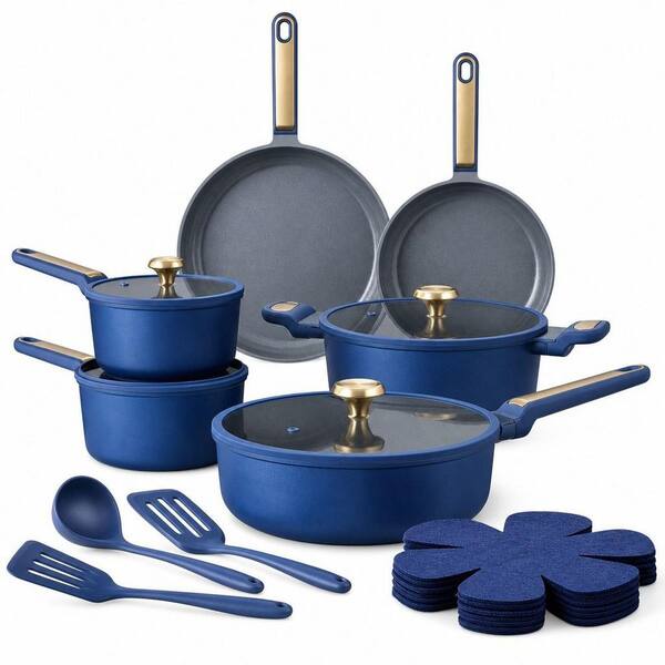 18-Piece Aluminum Cookware Set with Lids, Pots and Pan Set, Non Stick, Non Toxic, PFAS and PTFE Free, Dishwasher, Blue