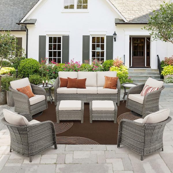 Buenaola Nyajiah 9-Piece Wicker Patio Conversation Set with Beige Cushions
