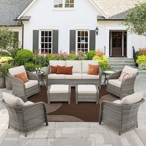 Nyajiah 9-Piece Wicker Patio Conversation Set with Beige Cushions