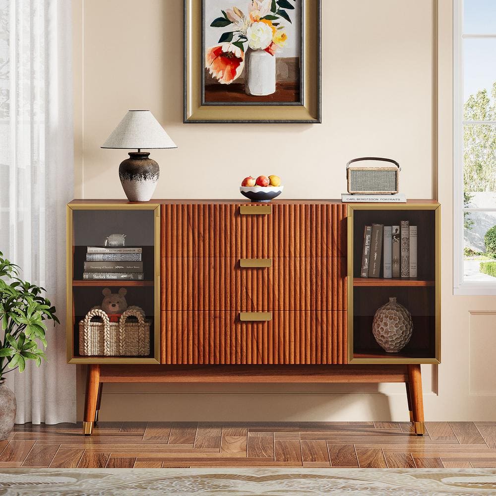 55" Brown Walnut Sideboard Buffet with Gold Metal Handles