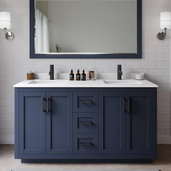 Wyndham Collection Miranda 60 in. W Double Bath Vanity in Dark Blue with Cultured Marble Vanity Top in White with White Basins and Mirror