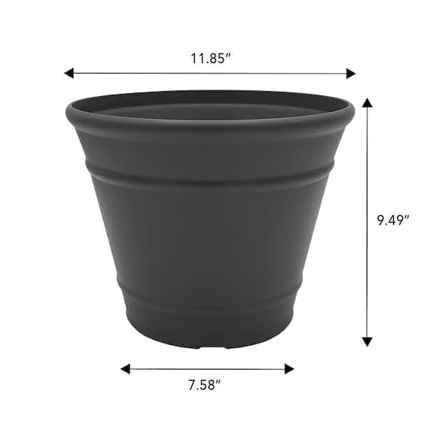 Vigoro Jane Medium Black Plastic Round Planter with Drainage Plug (11.85  in. L x 11.85 in. W x 9.49 in. H) HD1470P-758S - The Home Depot