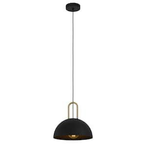 Calmanera 13 in. W x 7 in. H 1-Light Structured Black Lantern Pendant Light with Dome Shade and Brushed Brass Accents