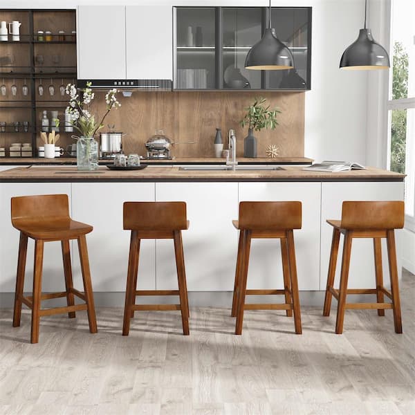 Costway 24.5 in. Brown Wood Bar Stools with Solid Back and Seat Mid Century Bar Chairs (Set of 2）