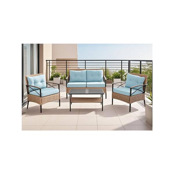 4-Piece PE Wicker Patio Conversation Set with Light Blue